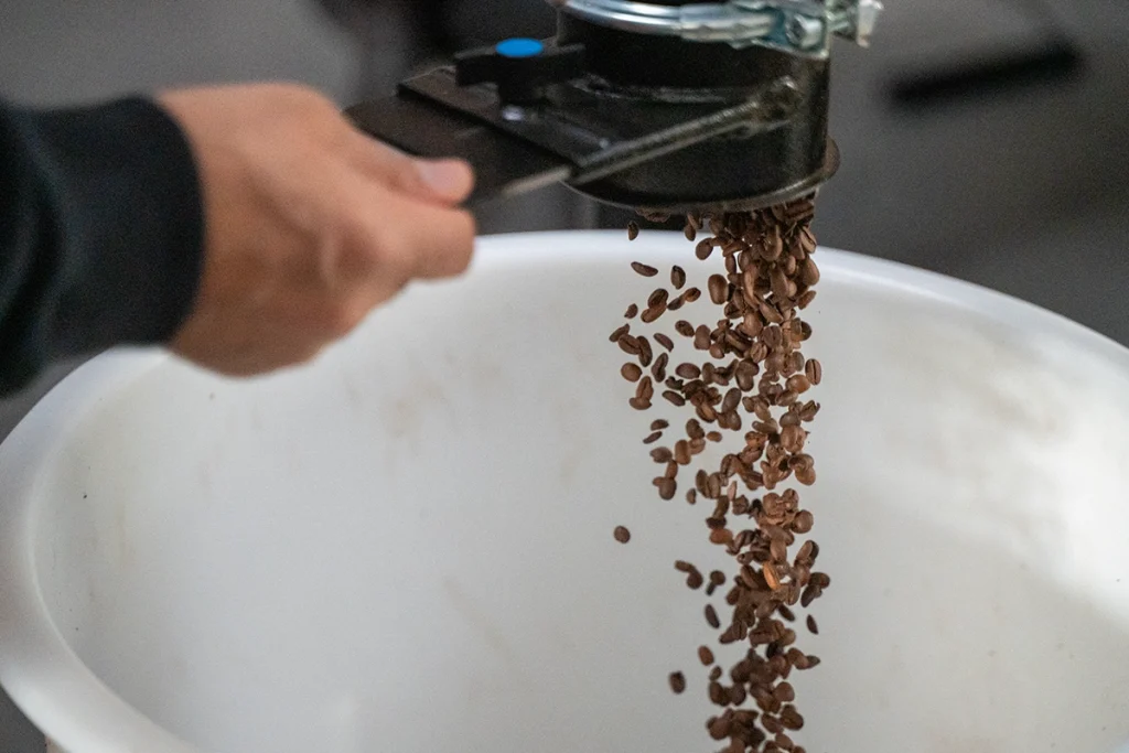 Vers gebrande koffiebonen vallen uit de koffiebrander tijdens het brandproces bij Lorando & Morini.